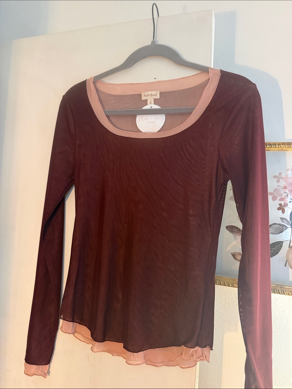 Hem & Thread Burgundy Long-Sleeve Sheer Top with Blush Trim